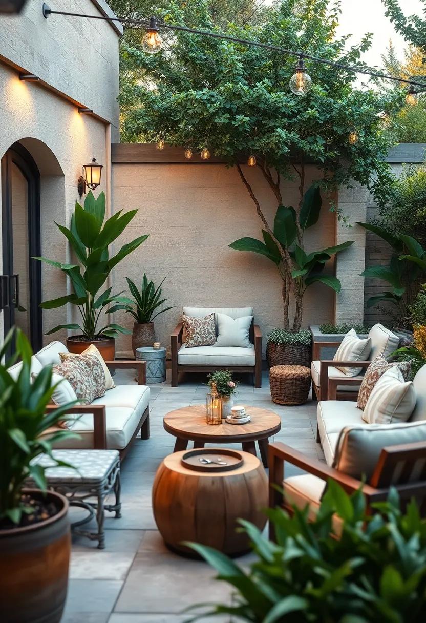 Cultivate an enchanting garden lounge with low seating surrounded by fragrant plants, soft lighting, and plush textiles for a relaxing retreat