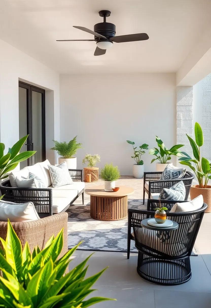 Curate a modern minimalist look with sleek furniture in monochrome colors, accented by geometric patterned cushions and a statement outdoor rug