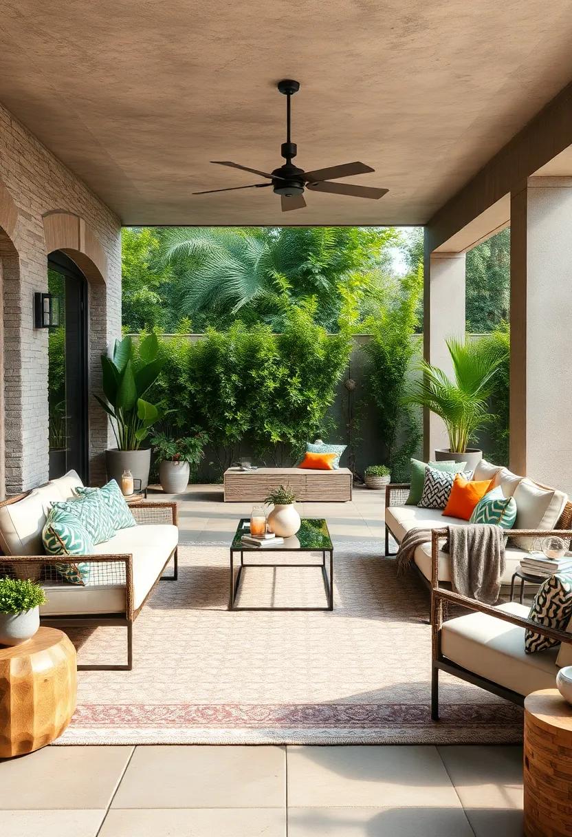 Design a luxe outdoor living room outfitted with a sleek sectional, a contemporary coffee table, and plush rugs to bring the comforts of indoors outside
