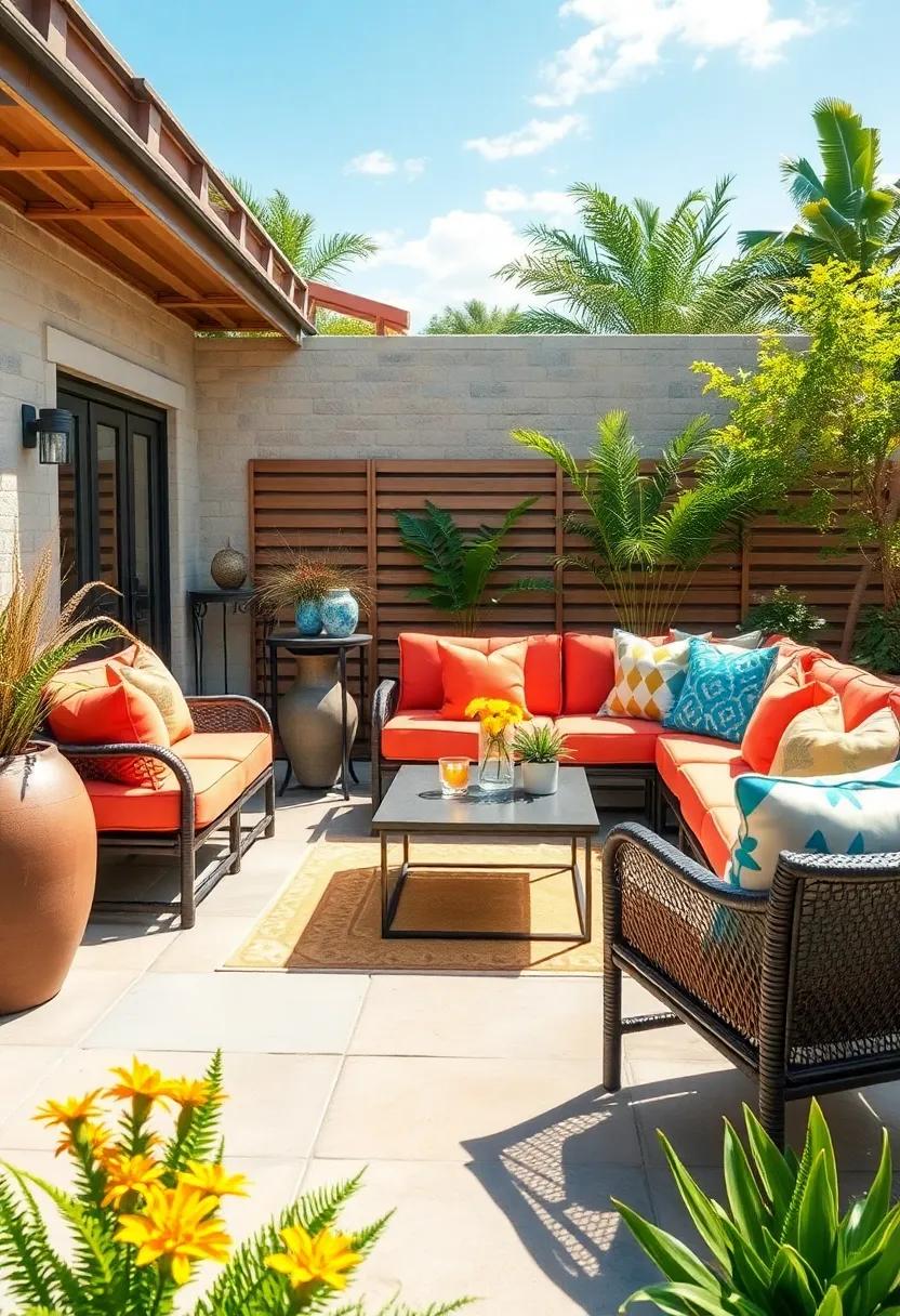 Embrace the warmth of summer with a chic lounge area featuring a vibrant outdoor sectional adorned with colorful cushions and a stylish coffee table