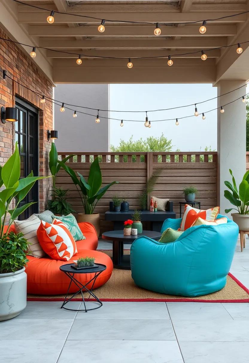 Embrace a playful vibe with vibrant colors, oversized inflatable chairs, and cheerful string lights that bring joy to your patio space