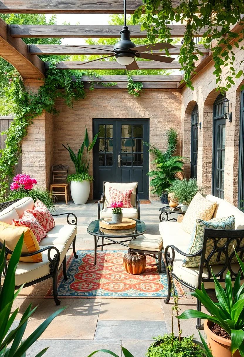 Enhance your patio with a Mediterranean-inspired setting, complete with wrought-iron furniture, vibrant tile accents, and lush greenery