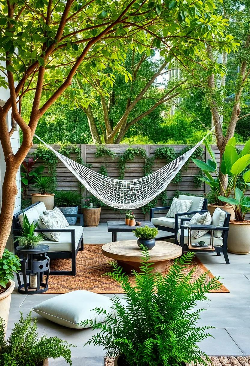 Highlight a serene escape by incorporating a hammock nestled between trees, surrounded by potted plants and soft ground cushions for lounging