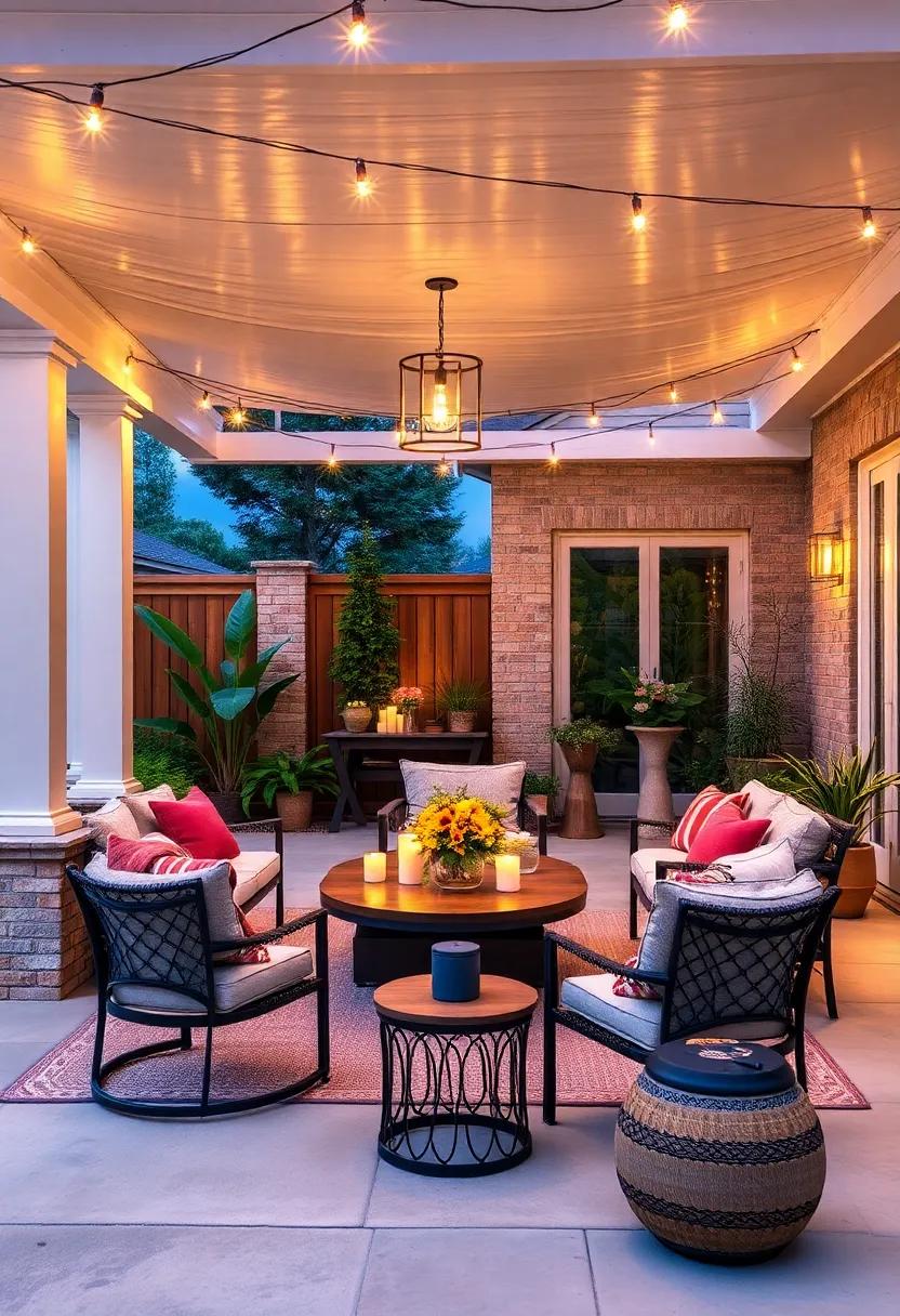 Optimally arrange your outdoor space with layered lighting, such as hanging pendant lights and solar-powered stakes, to illuminate your gatherings beautifully