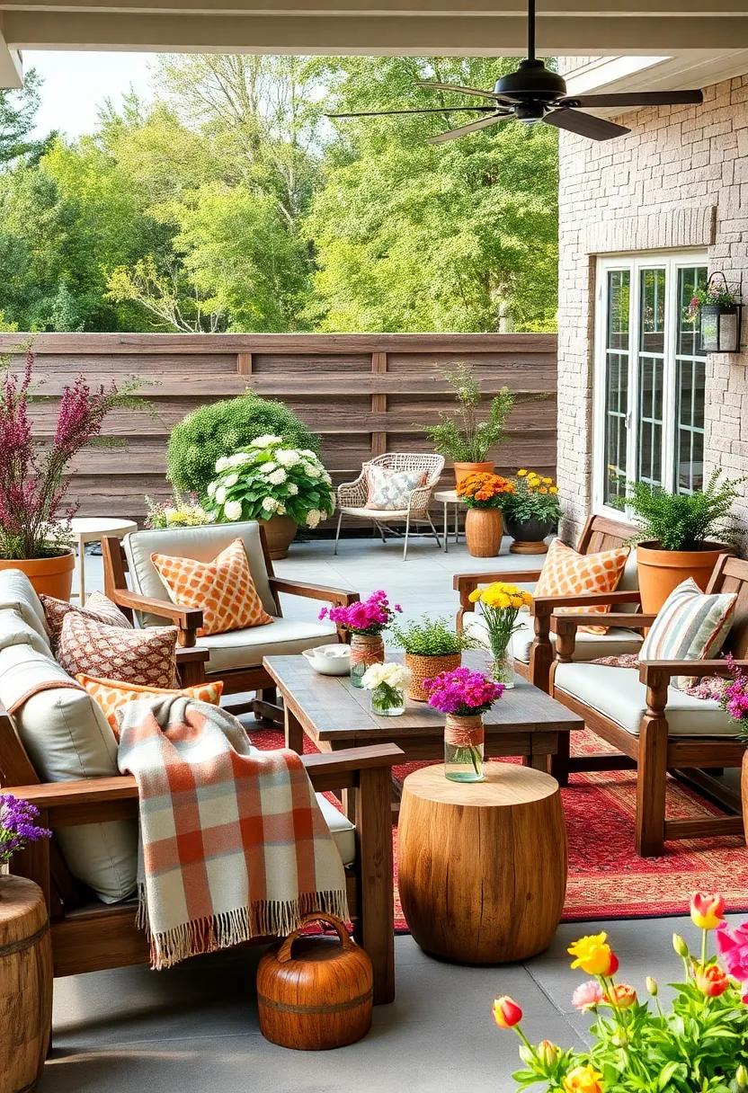 Organize a rustic country setting with reclaimed wood furniture, oversized blankets, and wildflowers in mason jars to bring warmth to your outdoor space