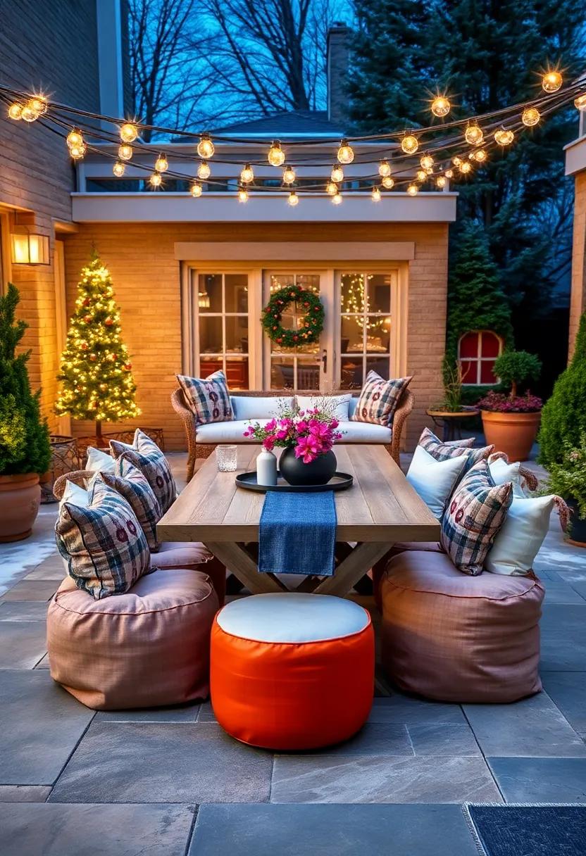 Set up a winter wonderland with an inviting outdoor dining table dressed in twinkling fairy lights and comfortable puffs for extra seating during festive gatherings