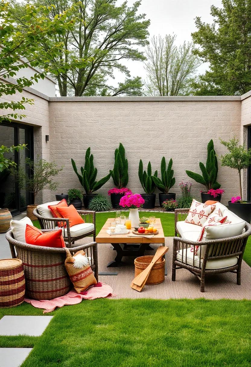 Set up a festive picnic-style dining arrangement on a grassy area,complete with blankets,cushions,and a selection of outdoor games for family fun