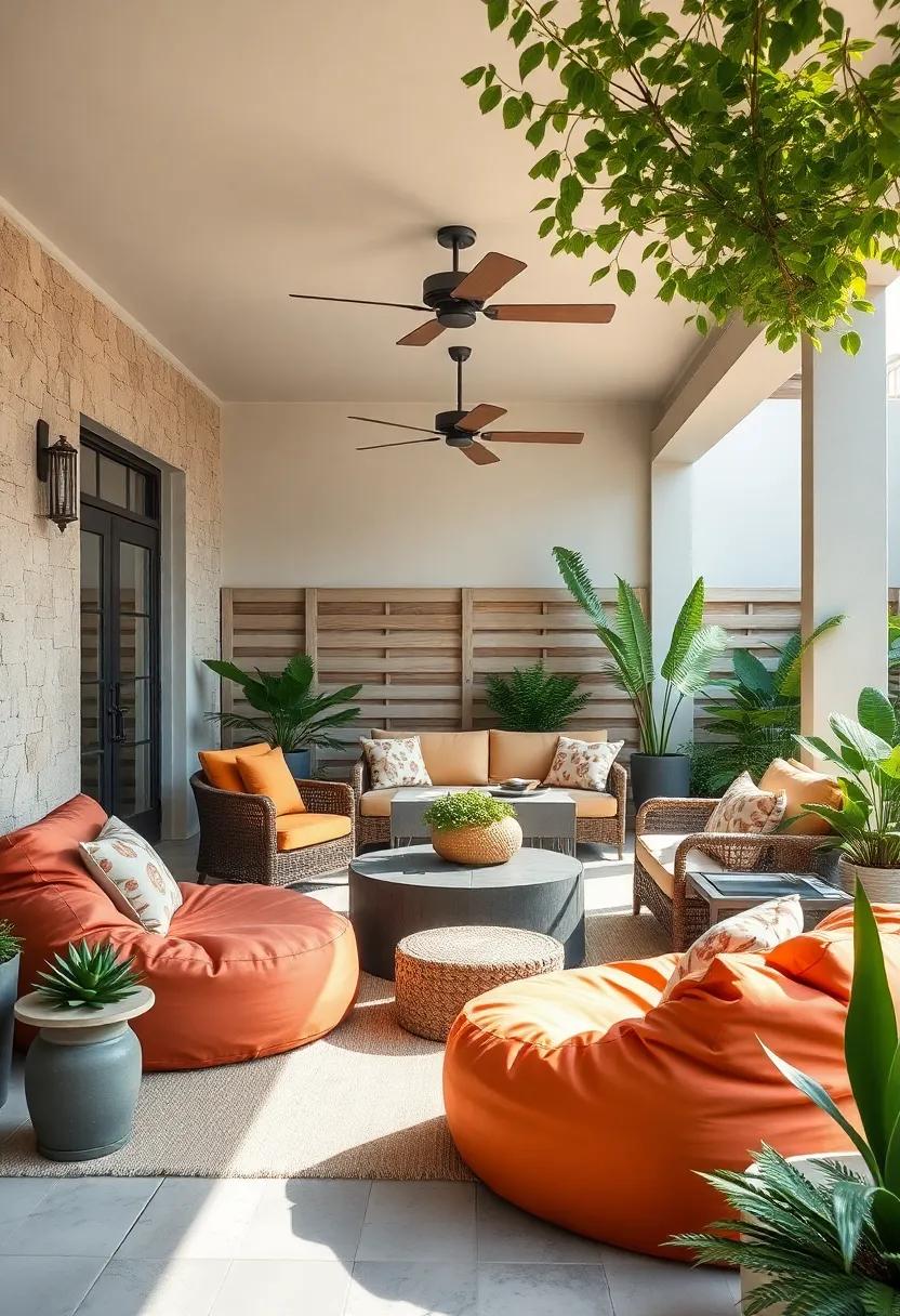 Set up a family-friendly patio with oversized bean bags, a game table, and lots of shaded areas for those warm summer days