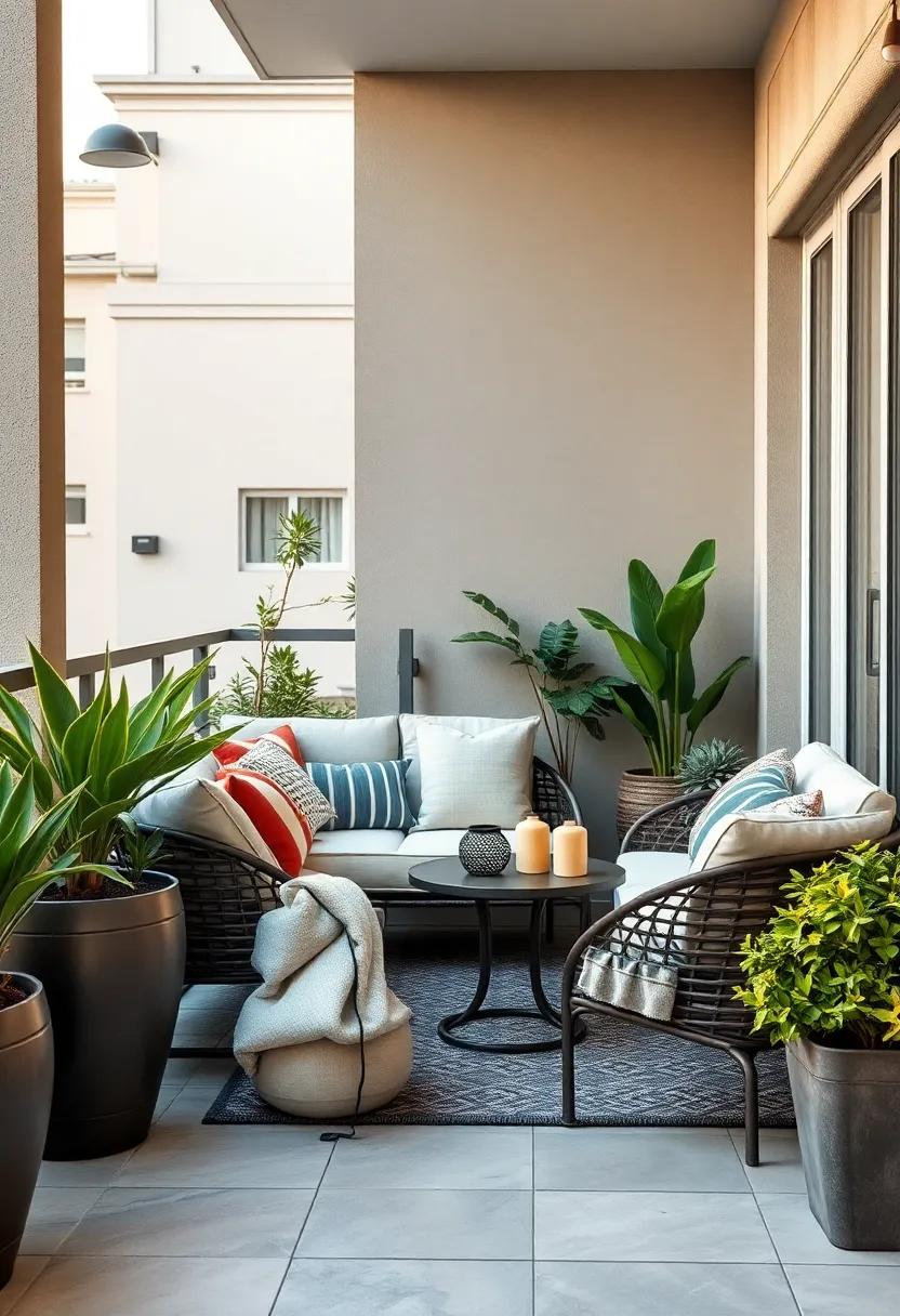 Transform a small balcony into a tranquil oasis with layered planters, a compact loveseat, and a small side table for evening drinks