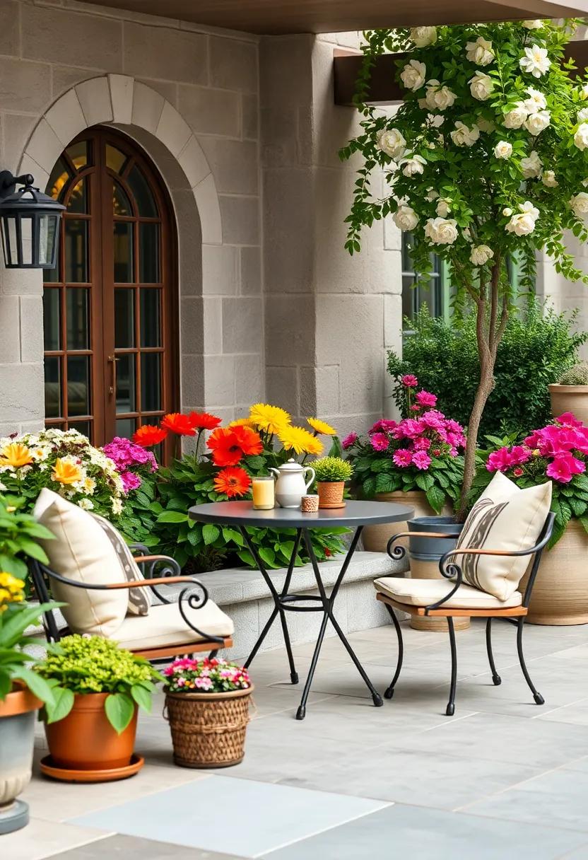 Welcome spring with a cheerful bistro set nestled among blooming flowers, offering a perfect spot for morning coffee or afternoon tea