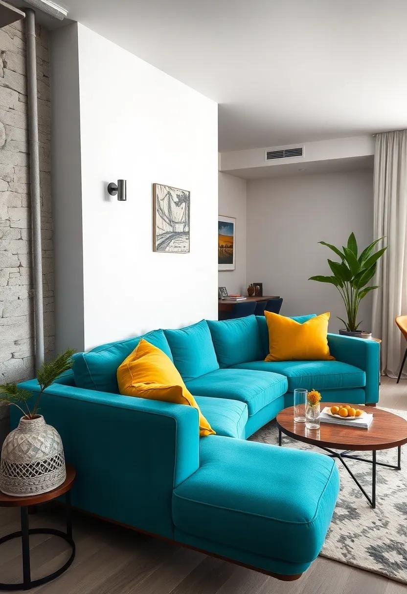 A cozy living room featuring a bold teal sofa paired with mustard yellow throw pillows that instantly energize the space