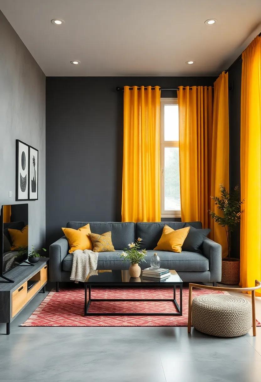Radiant sunflower yellow curtains contrasted against charcoal gray walls that lift the mood of a small space