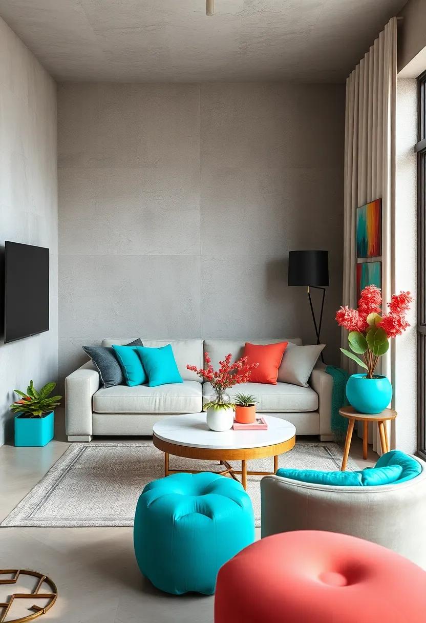 A lively mix of turquoise and coral decorative elements brighten up a compact living area with tropical vibes