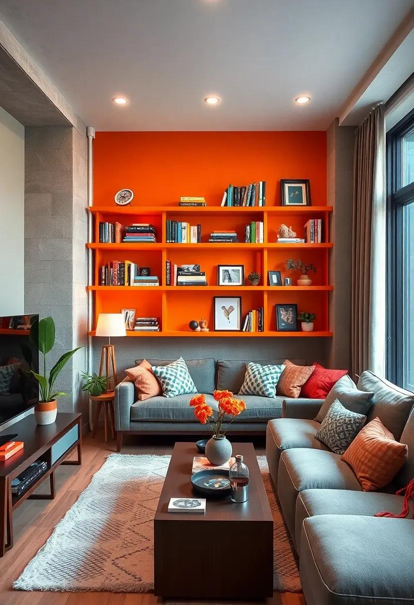 Bright orange wall shelves displaying colorful books and knickknacks make a cheerful focal point
