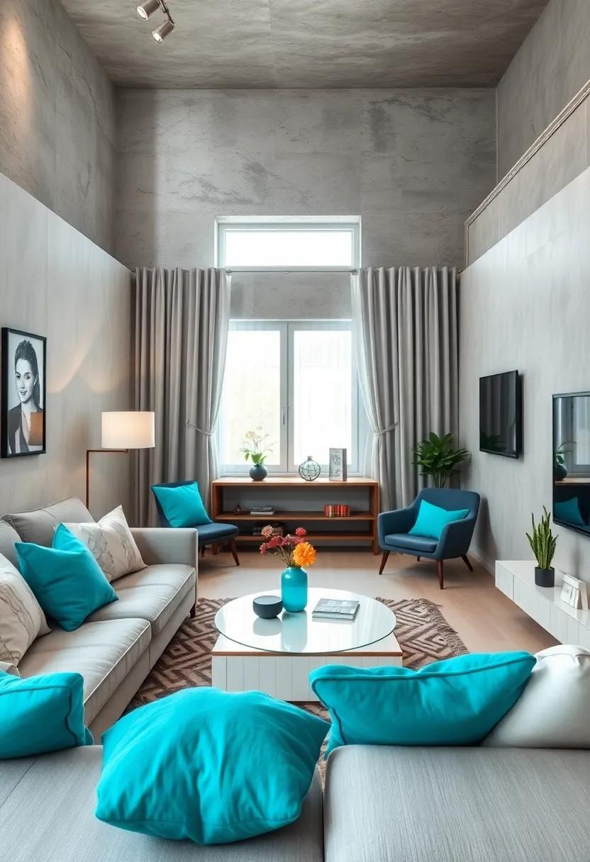 Electric turquoise accents in lamps and cushions make a sleek monochrome room pop with vitality