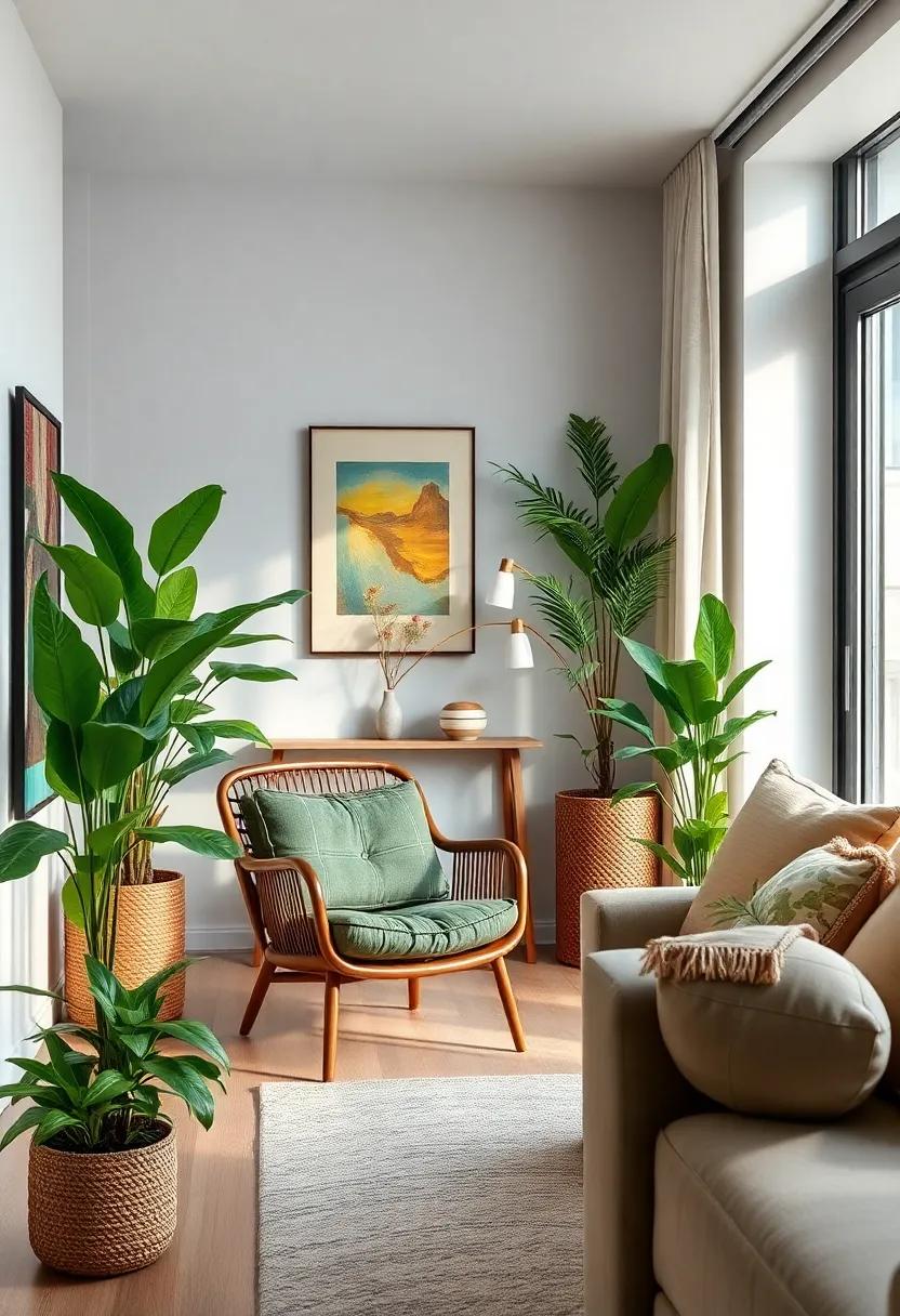Deep emerald green accents on a vintage chair and lush indoor plants infuse the room with freshness and life