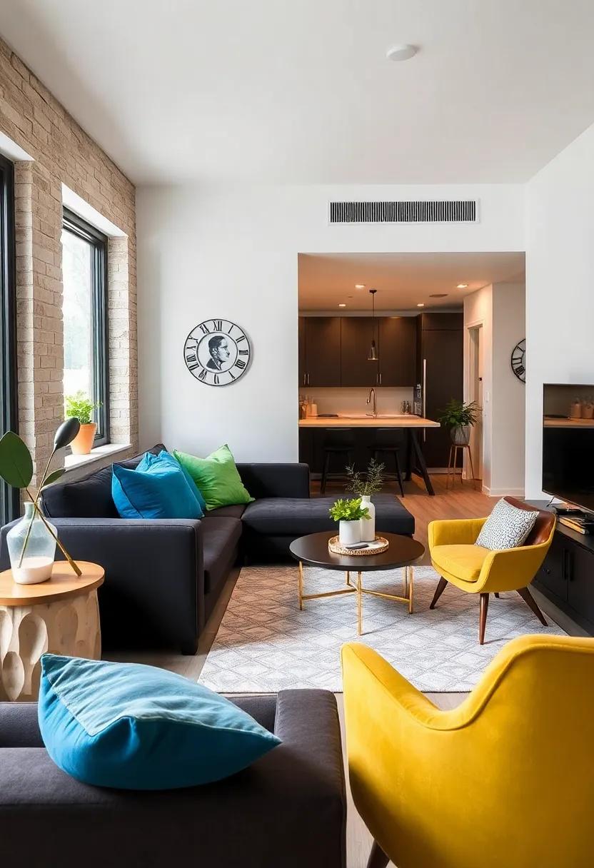 A sleek black sofa adorned with electric blue and chartreuse pillows, adding modernity with a punch of color