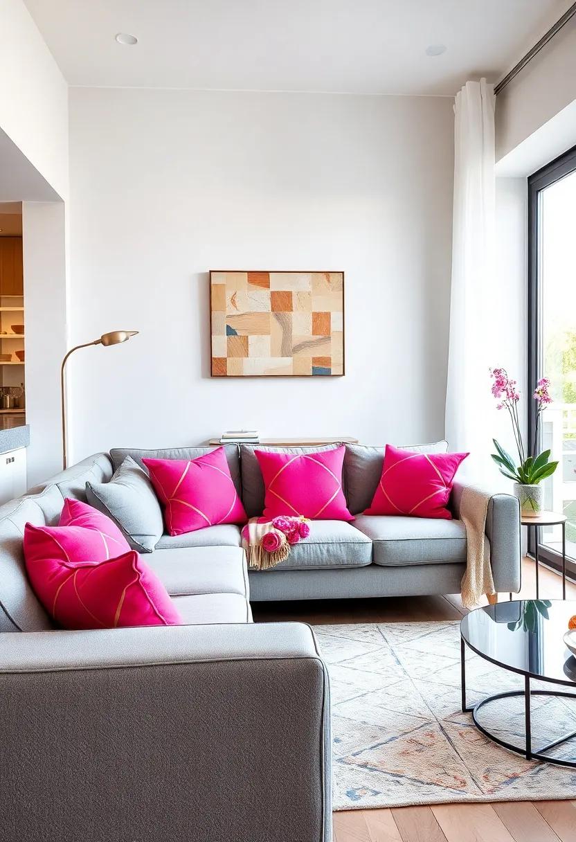 Neon pink geometric cushions on a soft gray couch bring playful energy while maintaining elegance