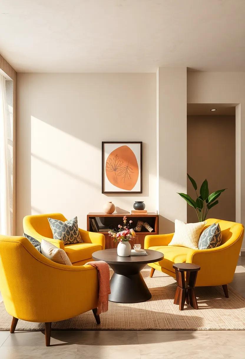Cheery lemon yellow armchairs paired with soft beige walls brighten a sunlit living area perfectly