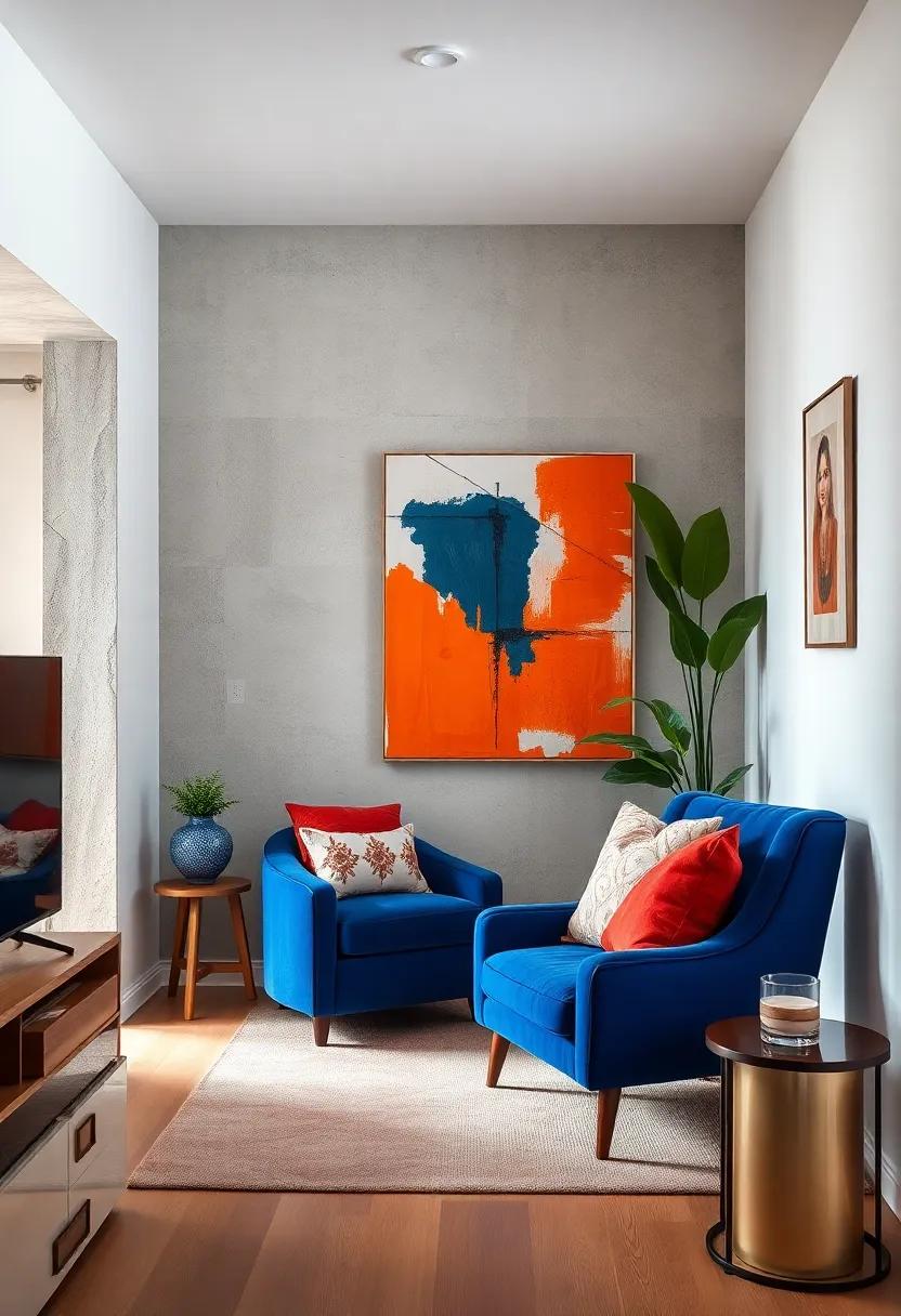 A compact corner highlighted by a royal blue armchair and vibrant orange abstract art that adds character without overwhelming
