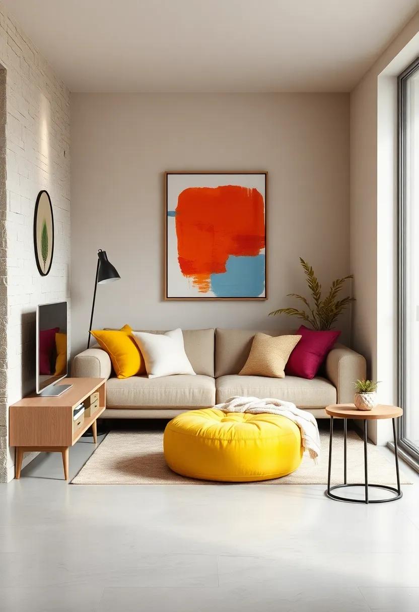A compact nook featuring a canary yellow pouf and artwork in bold primary colors that inspire creativity