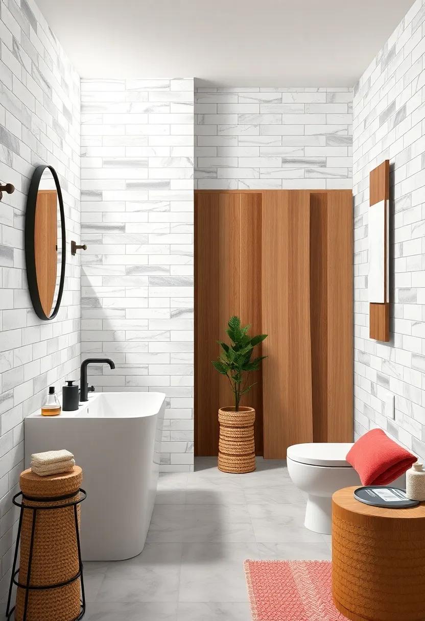 Classic White Tiles Paired ⁢with ⁣Warm‌ Wood Accents