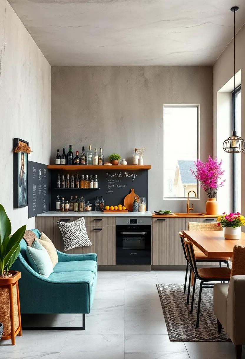Chalkboard-Backed Bar Shelf: ​A bar ‍shelf backed​ by ⁢chalkboard paint ‌allows for creative menu displays ⁢and adds a personalized touch