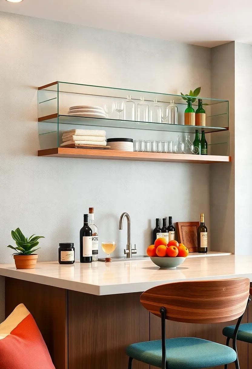 Floating Shelves with Bar Racks: Utilize wall ‌space by installing floating shelves ⁢combined with under-shelf glass racks ‍to keep your bar essentials organized and stylish