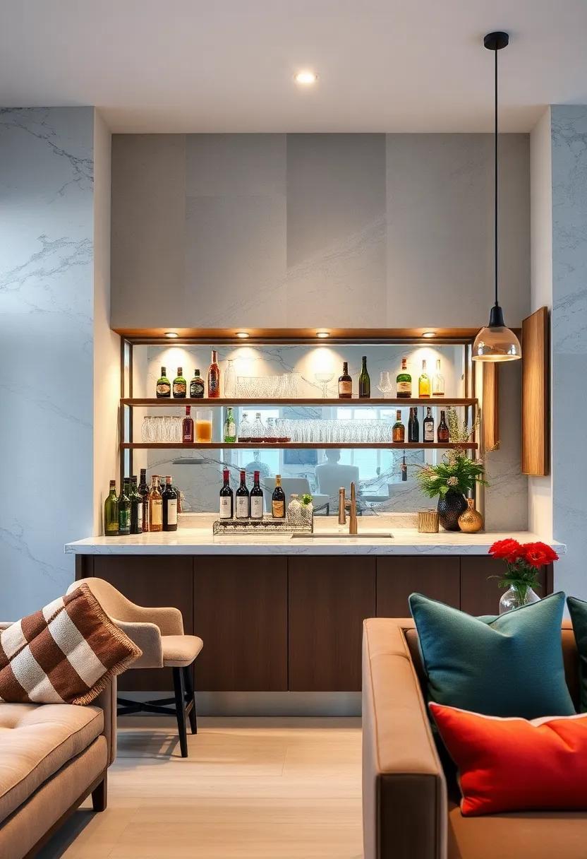 Mirror Backsplash Bar: Add⁤ a⁢ mirrored backsplash⁣ behind your bar area to create an illusion of space and highlight your glassware collection