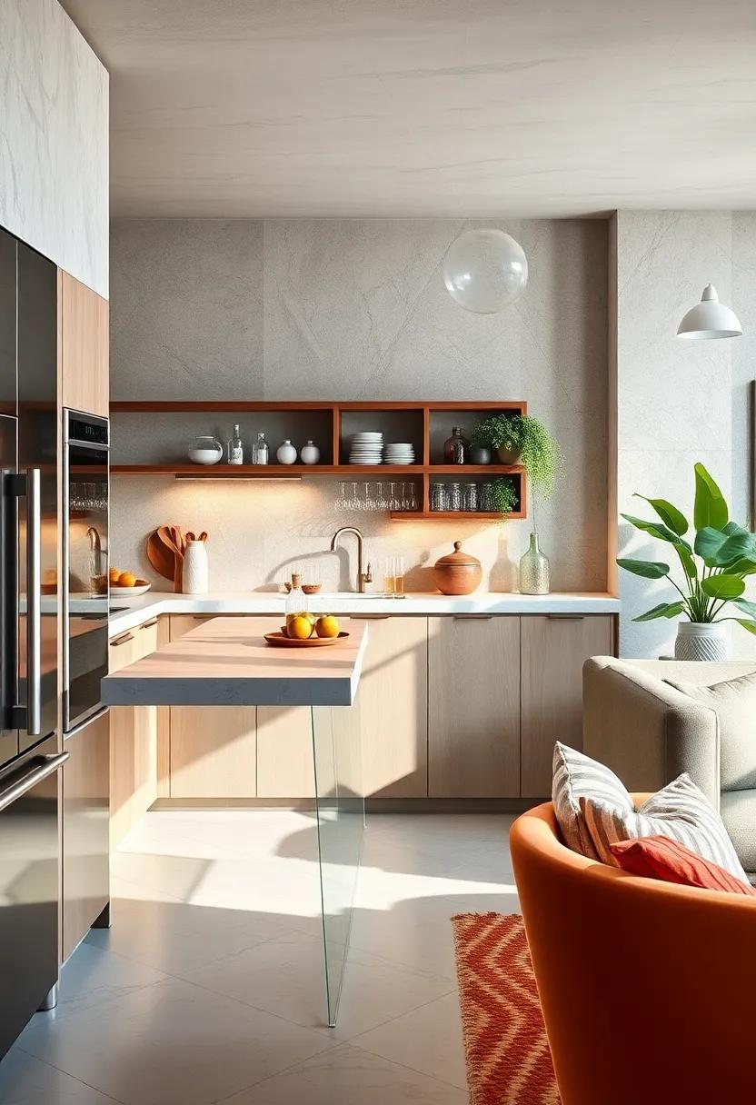 Narrow Floating Countertop: A slim, floating countertop can serve as a chic bar space, perfect for small snack prep or cocktail mixing