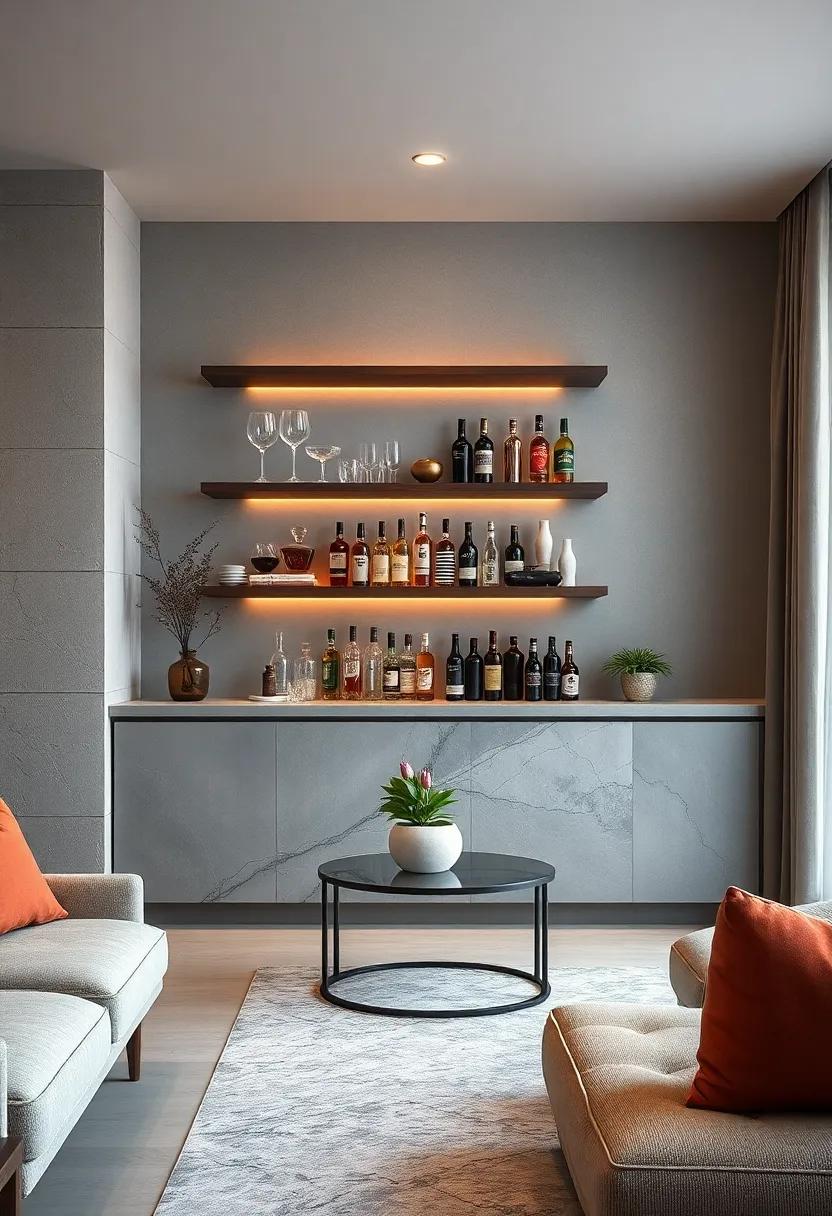 Floating Shelves: Utilize vertical space with stylish floating shelves to display glassware and colorful liquor bottles