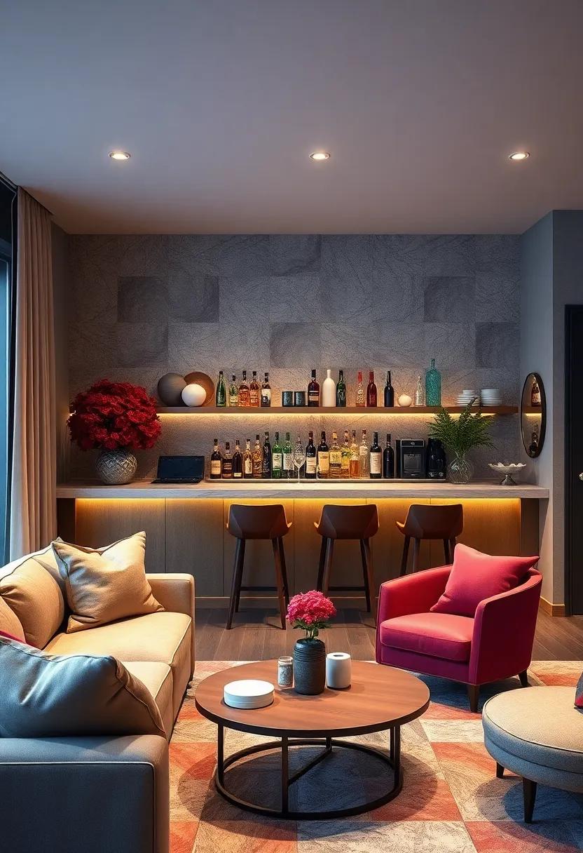 Textured Wallpaper: Use textured or patterned wallpaper behind your bar to create a striking focal point
