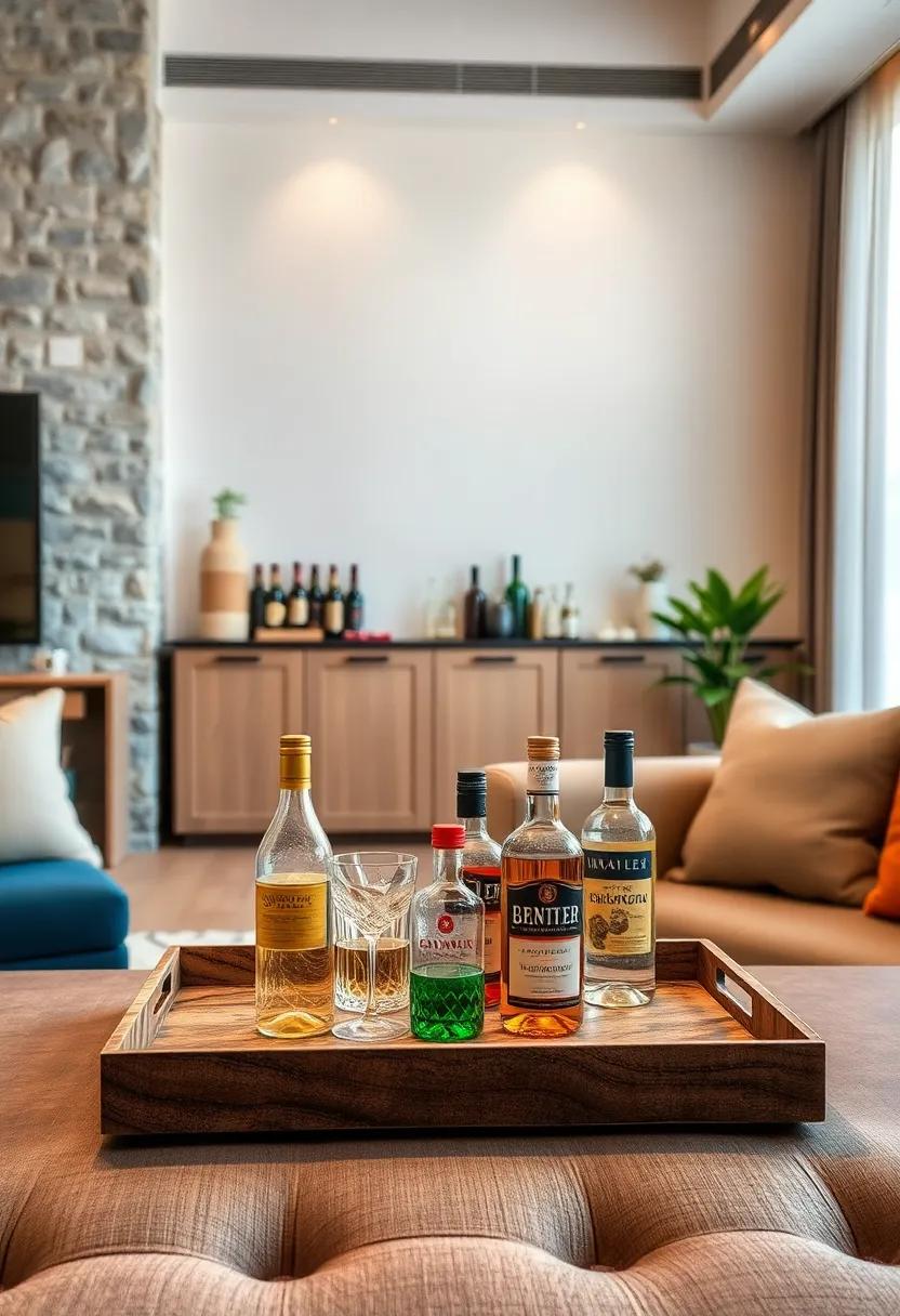 Decorative Tray: Arrange your bottles and glasses on a decorative tray for instant organization and visual appeal