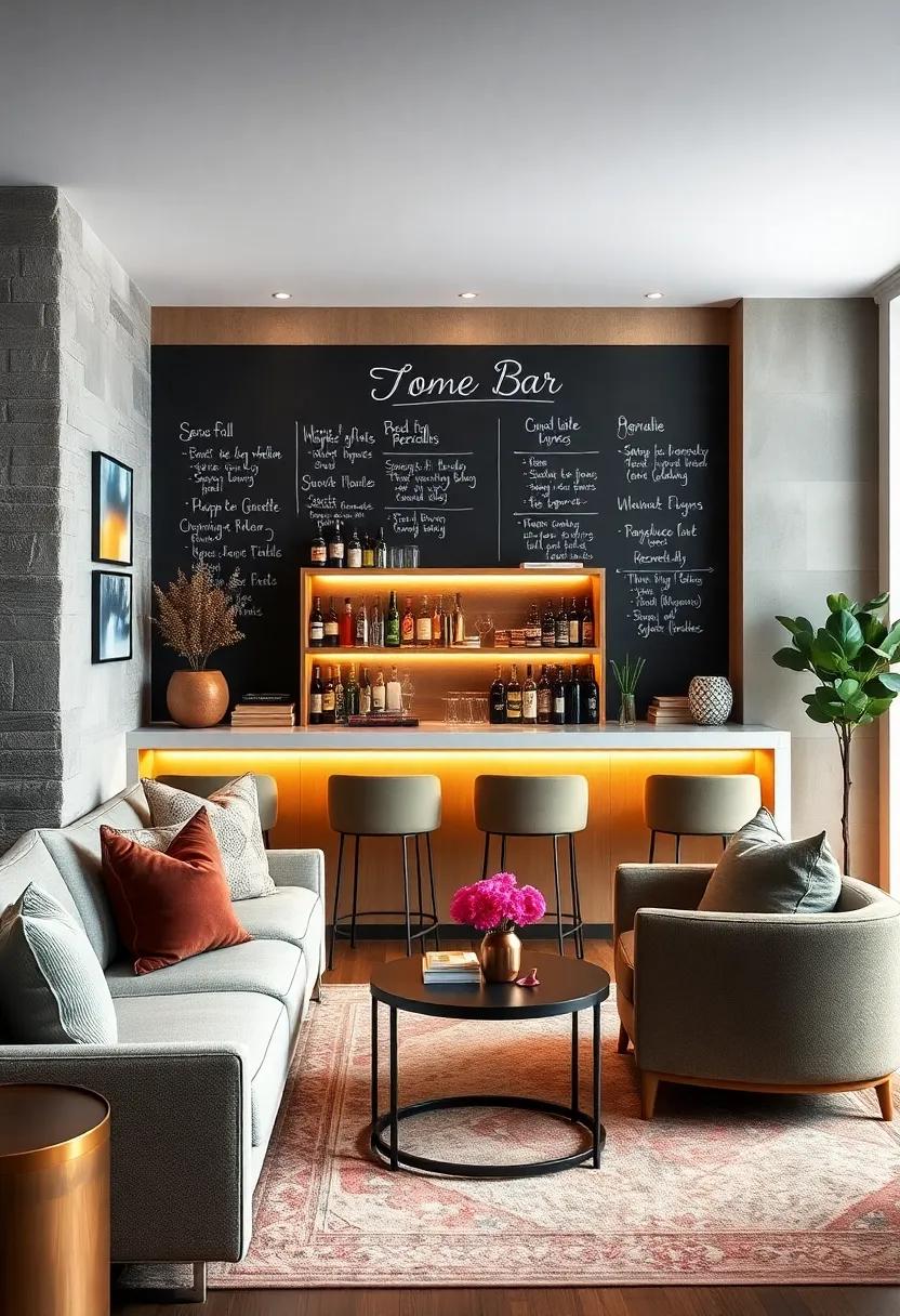 Chalkboard Wall: Create a chalkboard wall near your bar area for fun cocktail recipes or drink specials