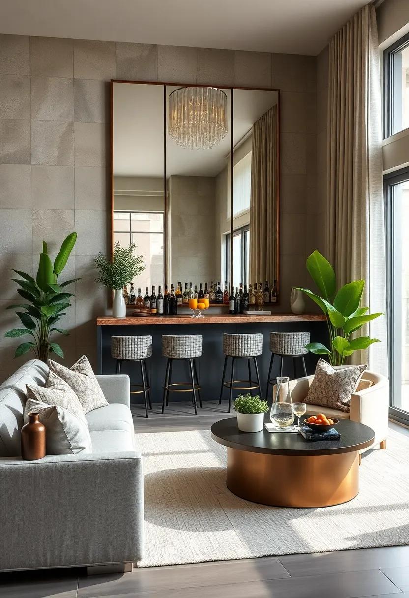 Statement Mirrors: Hang a bold mirror behind your bar setup to create an illusion of space and amplify the ambiance
