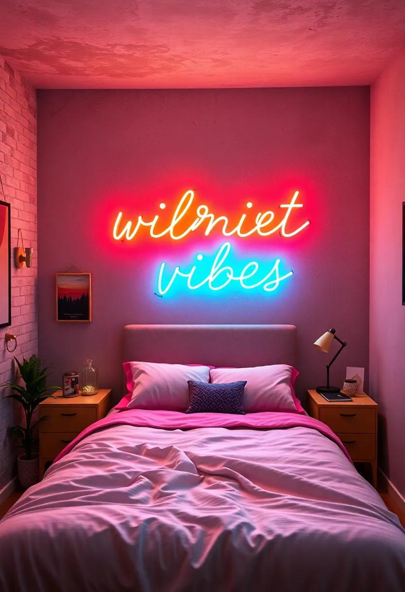 Vibrant Vibes: A cozy‍ teen room glowing‌ with a‌ multicolored neon‍ sign that spells out an uplifting mantra above ​the bed