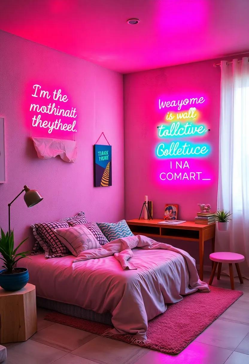 Inspirational Ink: Motivational quotes in vibrant neon, illuminating a creative corner dedicated to journaling or ​art