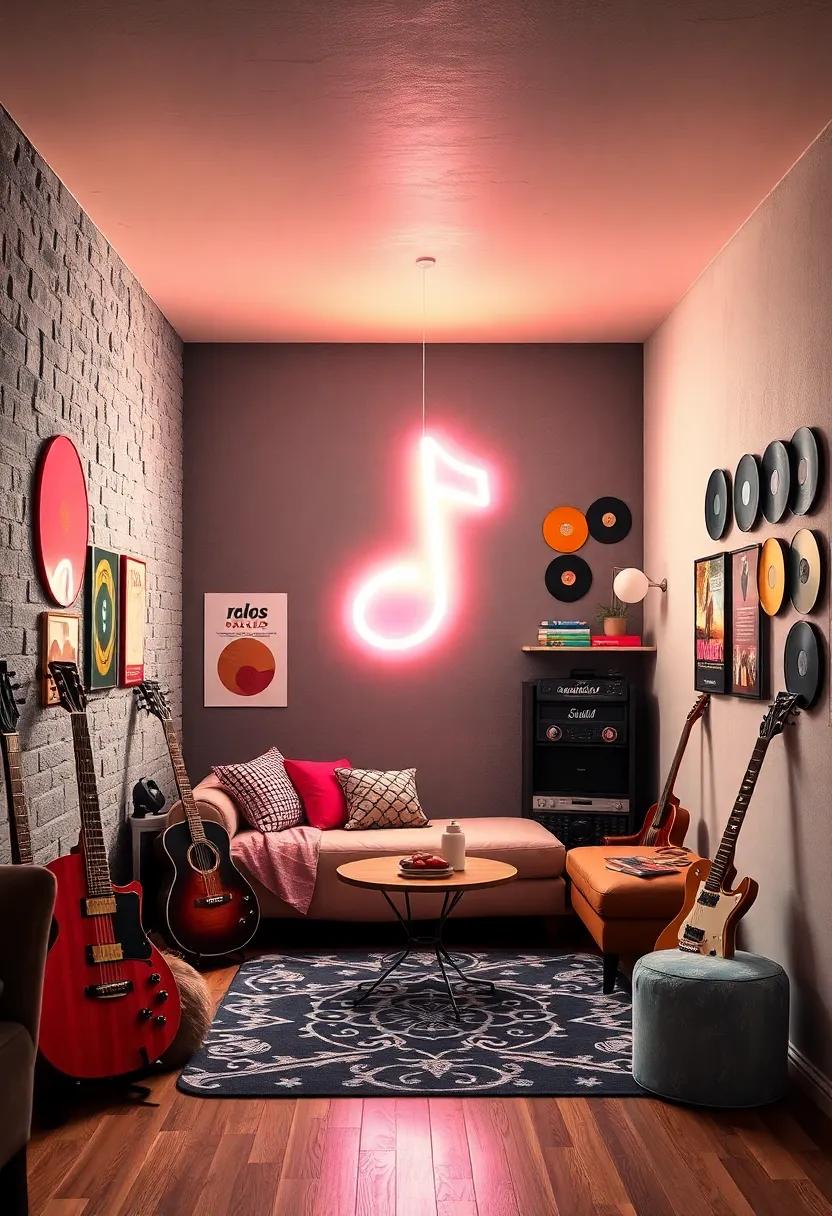Music Muse: A glowing neon music note sign that sets the tone in a room⁢ decorated with instruments and vinyl records