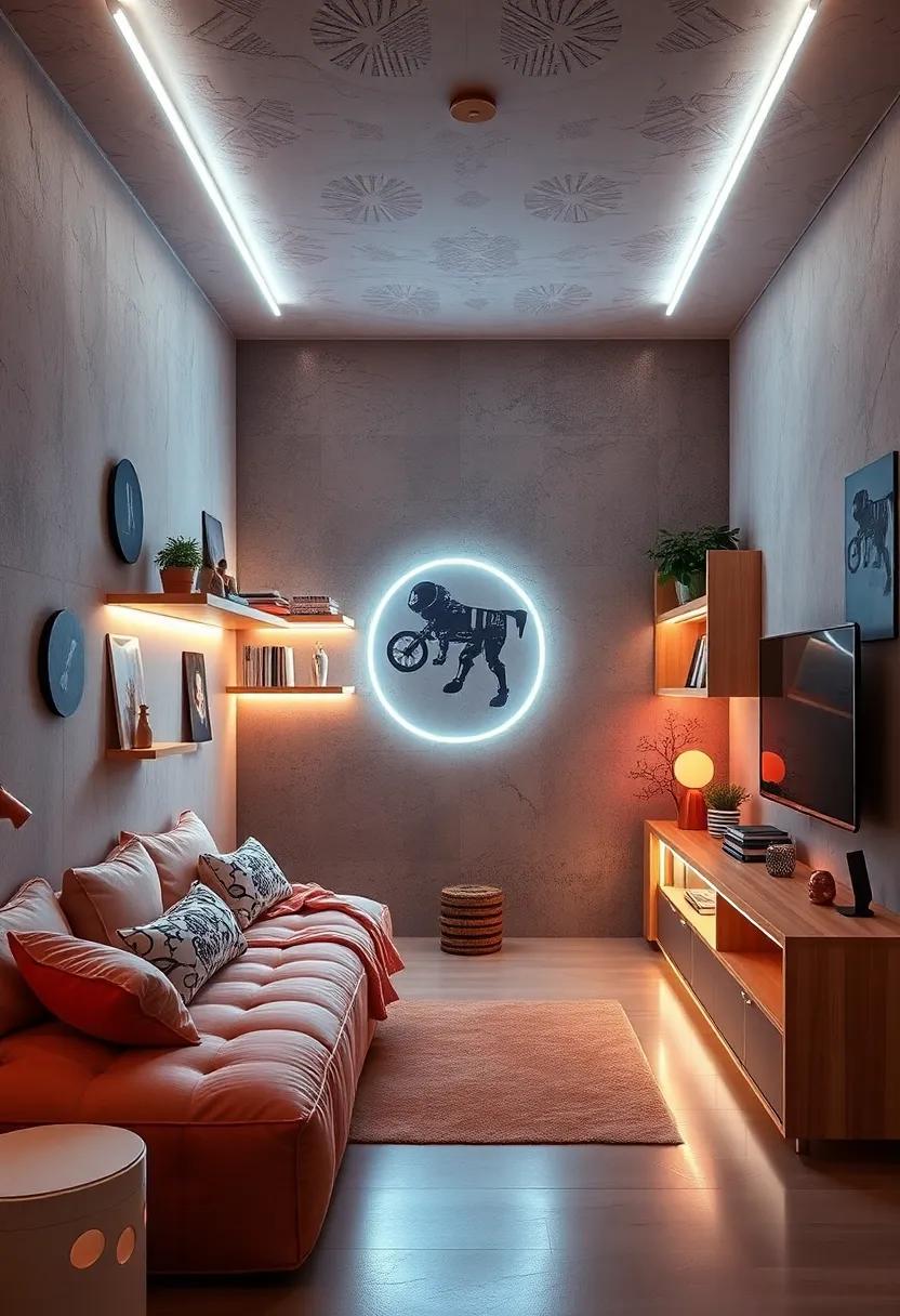 Futuristic Flair: Cool white neon lines outlining shelves​ and furniture, designing a forward-thinking, tech-inspired atmosphere