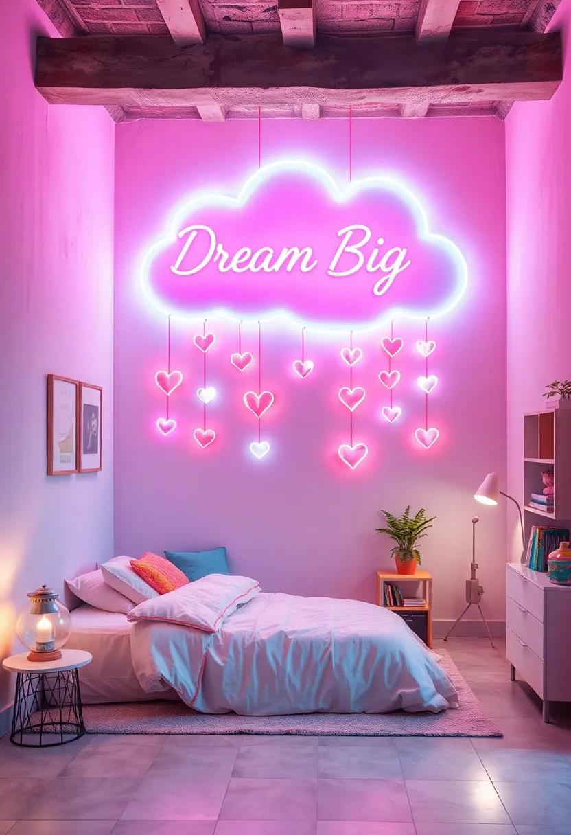 Dream ‍Big:⁣ A large neon cloud with raining heart shapes, inspiring optimism within a softly colored room