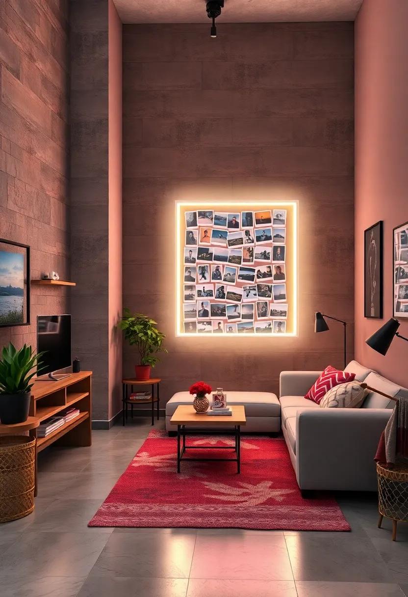 Gallery Glow: A neon frame⁤ spotlighting a wall of photos and Polaroids, bringing memories to light in a unique way