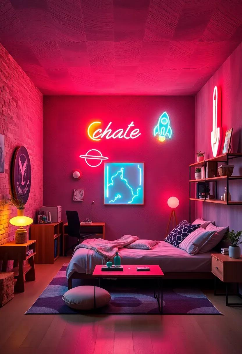 Cosmic Chic: Neon planets and rockets highlighting a science-themed room brimming with curiosity