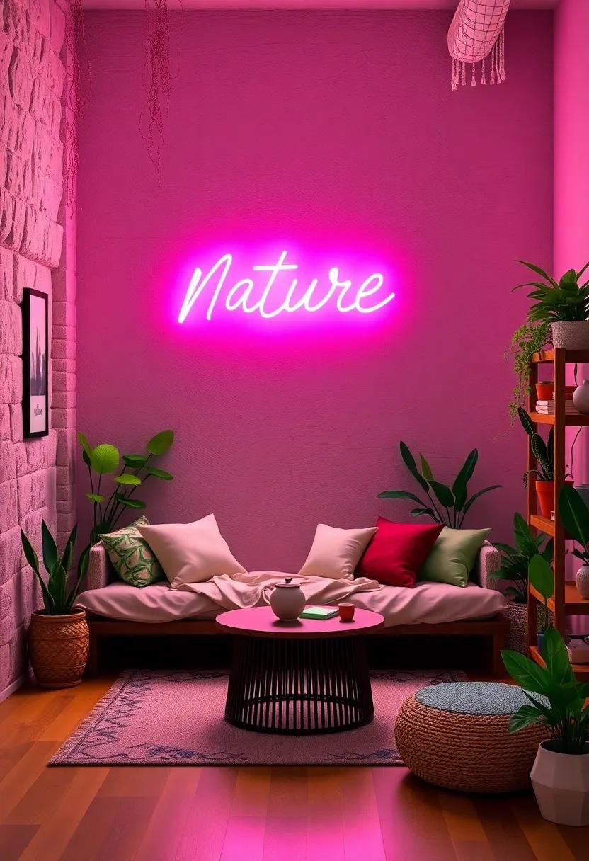 Nature's Light: A soft green neon leaf⁢ sign that complements ⁢an⁤ earthy, boho-themed⁤ room filled with‌ plants and natural textures