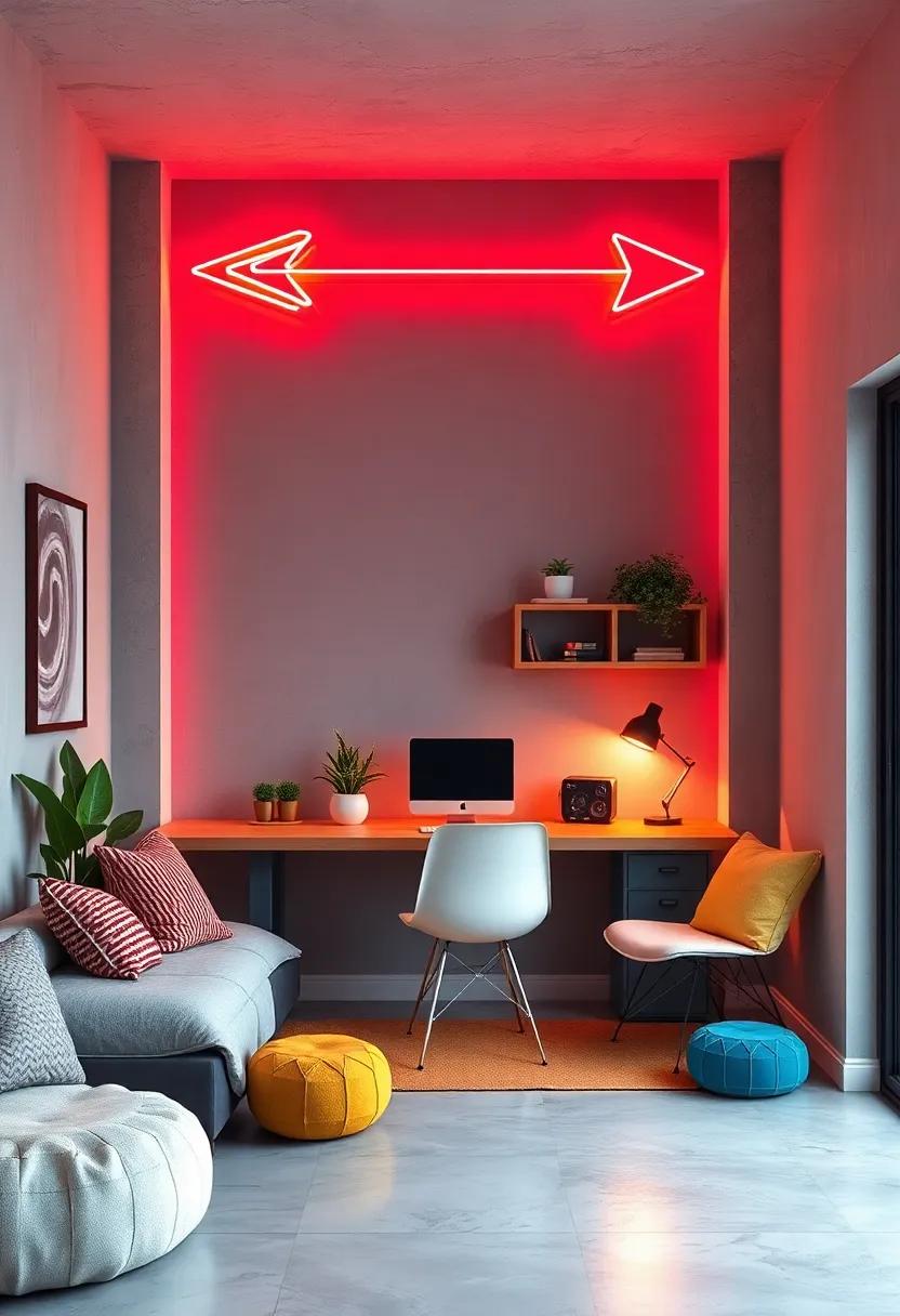 Retro Revival: Classic neon arrows highlighting a minimalist workspace that encourages creativity and focus