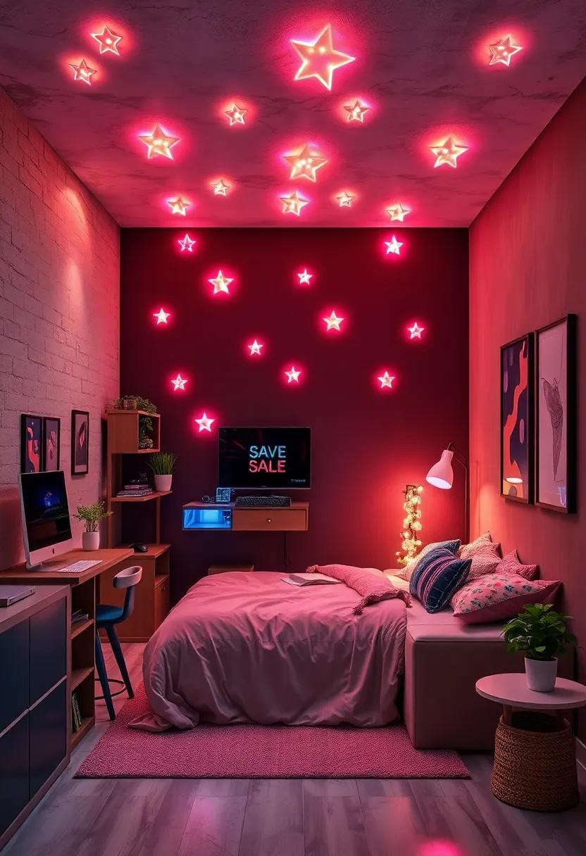 Starry Night: Twinkling neon stars scattered across the ceiling, creating a dreamy, celestial ambiance perfect for late-night studying