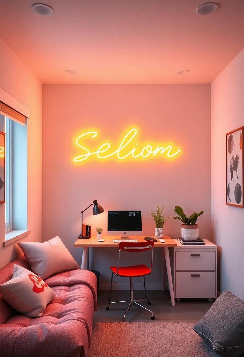 Minimalist Glow: Sleek, single-color neon typography above a‌ social media-inspired desk setup that balances style and functionality