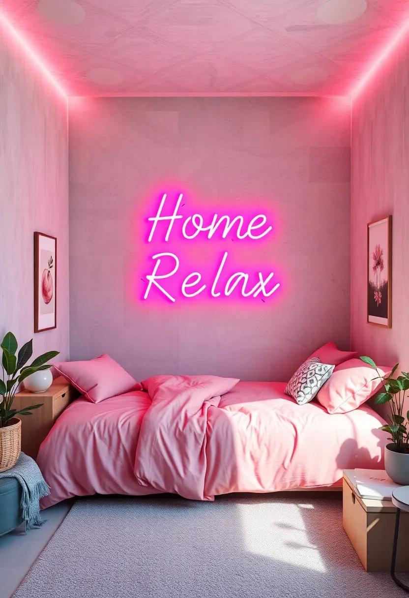 Cozy Corners: Warm pink neon⁤ words like 