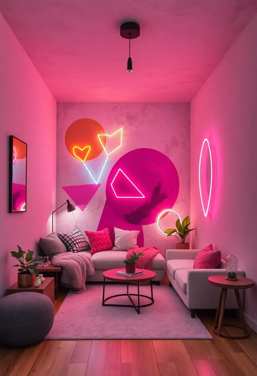 Artistic Ambiance: Abstract neon shapes ⁢blended with a painterly mural, creating a dynamic and colorful environment