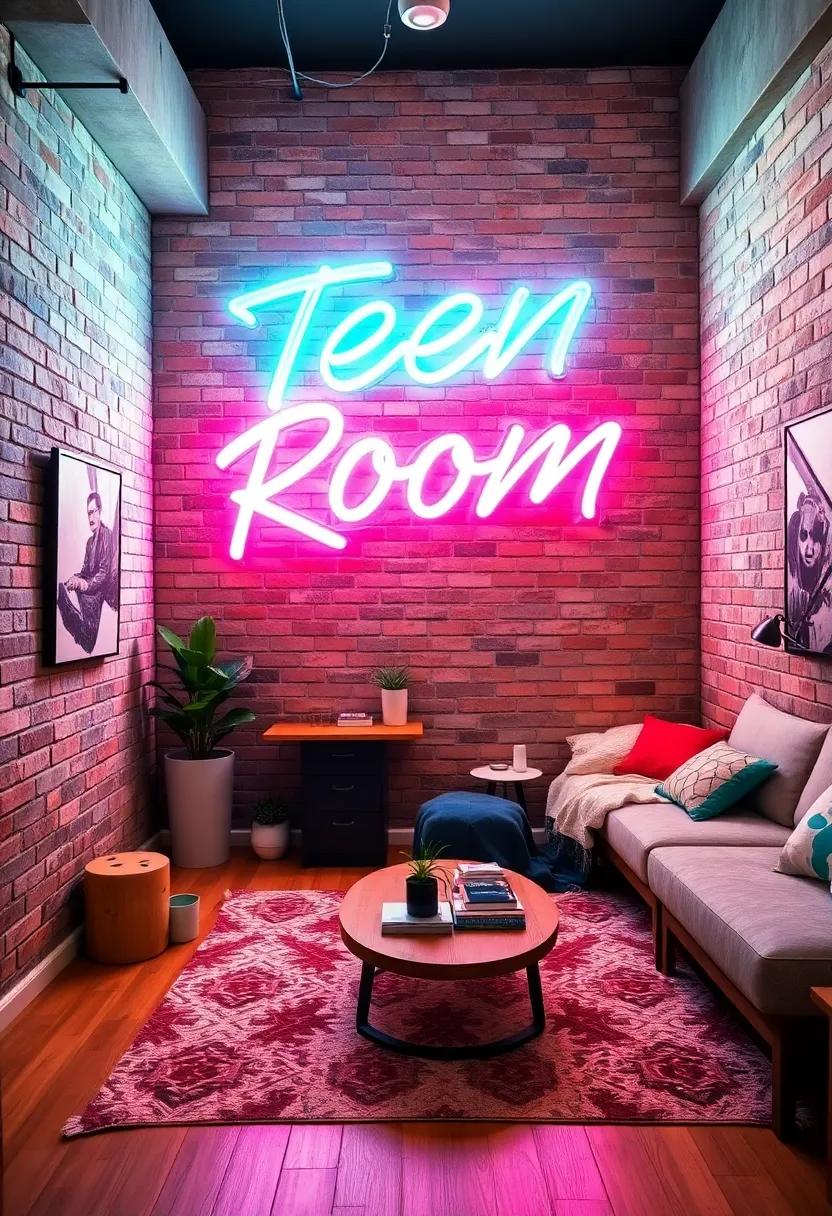 Urban Edge: Exposed brick walls paired with ‌a bold neon graffiti-style sign, adding an artistic flair to the teen's personal haven