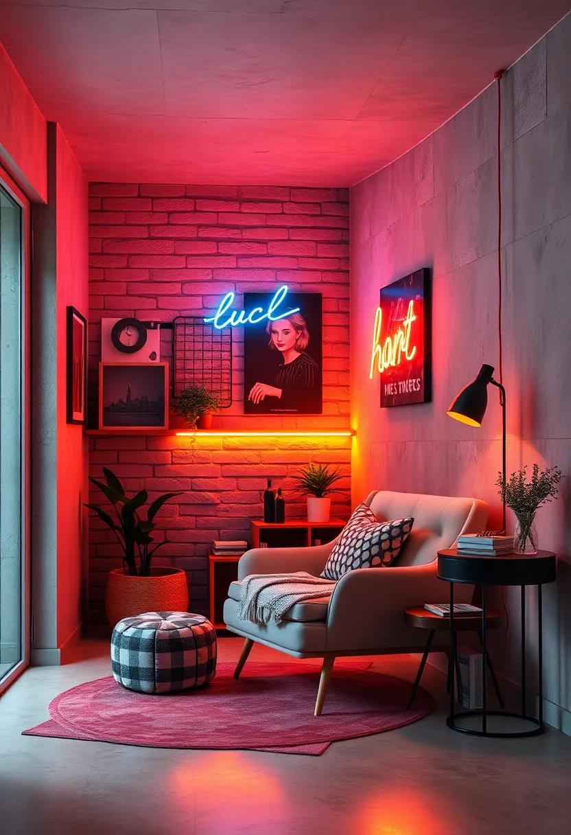 Cozy Glow: Warm amber neon bulbs outlining a reading chair, making it the ultimate ​unwind spot
